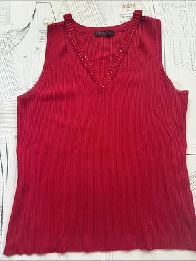 Red Ribbed V-Neck Tank Top with Beaded Trim